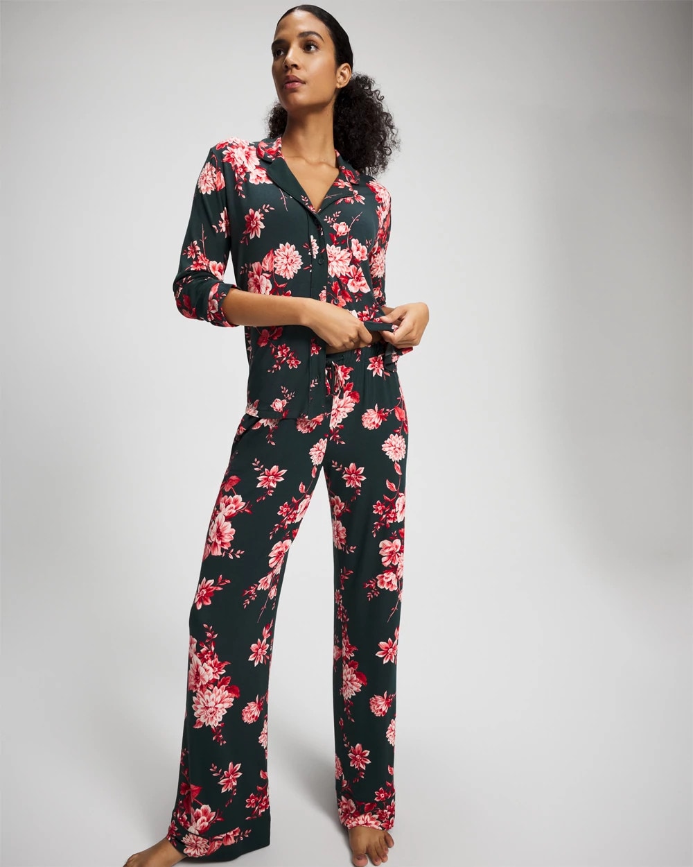 COTTAGE FLORAL GREEN - Cool Nights Long Sleeve Notch Collar with Piped Placket Pajama Top