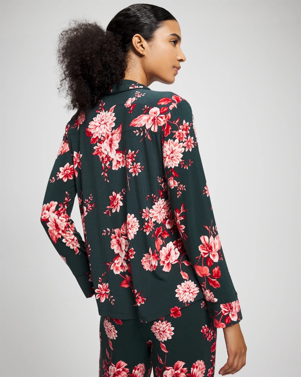 COTTAGE FLORAL GREEN - Cool Nights Long Sleeve Notch Collar with Piped Placket Pajama Top
