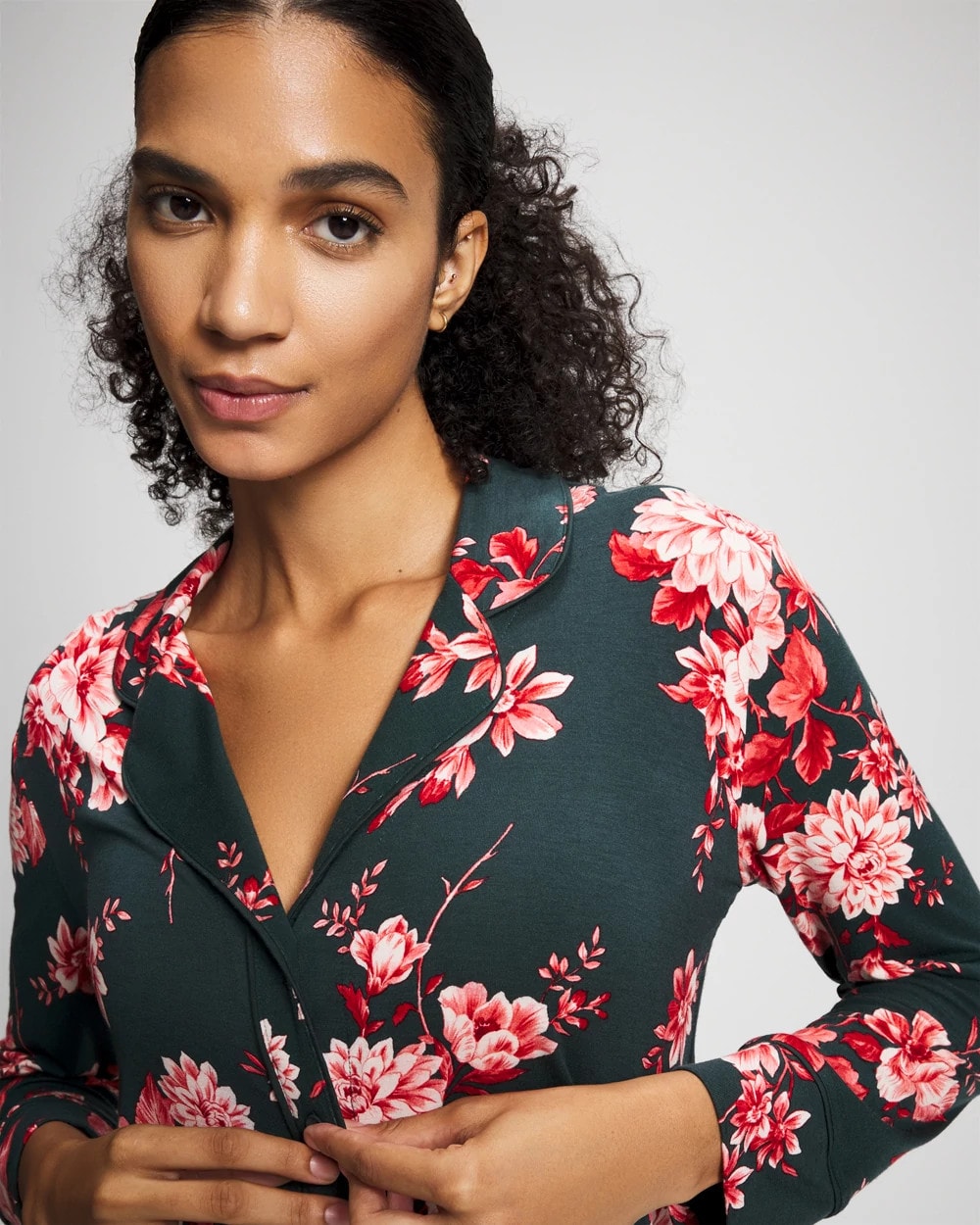 COTTAGE FLORAL GREEN - Cool Nights Long Sleeve Notch Collar with Piped Placket Pajama Top
