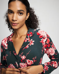 COTTAGE FLORAL GREEN - Cool Nights Long Sleeve Notch Collar with Piped Placket Pajama Top