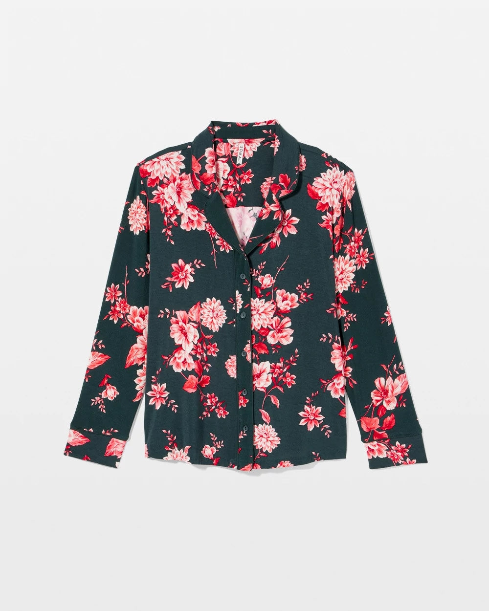 COTTAGE FLORAL GREEN - Cool Nights Long Sleeve Notch Collar with Piped Placket Pajama Top