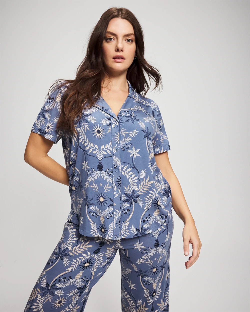 BOTANICAL TILE SUNDOWN - Short Sleeve Notch Collar Pajama Top
