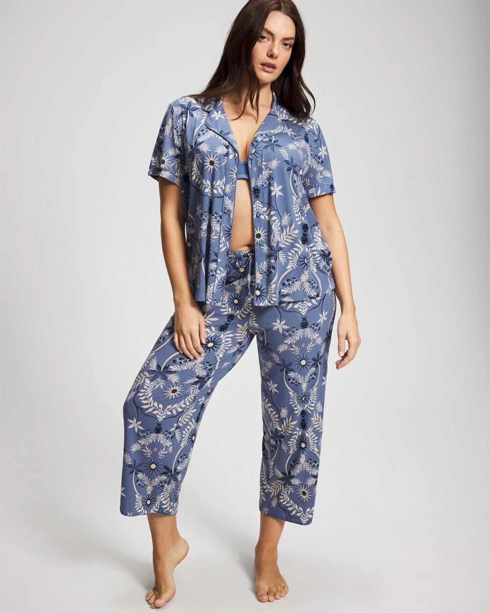 BOTANICAL TILE SUNDOWN - Short Sleeve Notch Collar Pajama Top