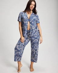 BOTANICAL TILE SUNDOWN - Short Sleeve Notch Collar Pajama Top