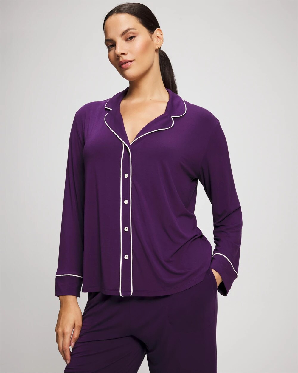 BLACKBERRY - Long Sleeve Notch Collar w/ Piped Placket Pajama Top