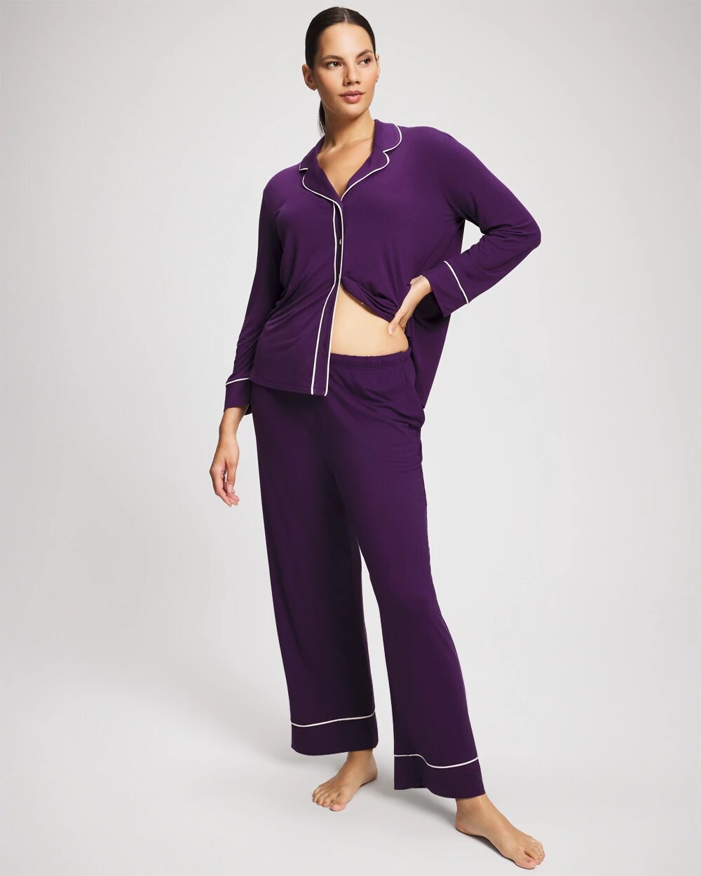 BLACKBERRY - Long Sleeve Notch Collar w/ Piped Placket Pajama Top