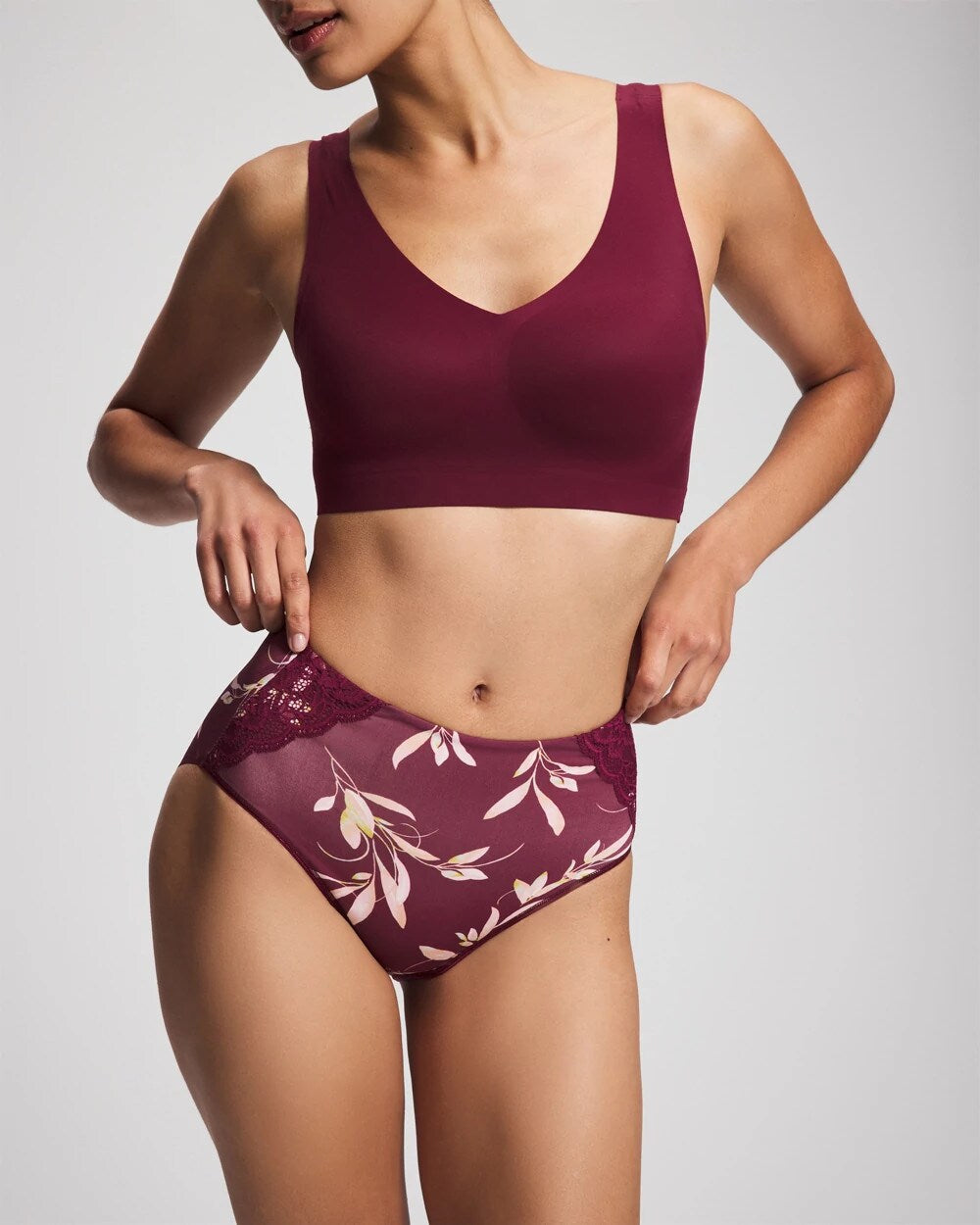 LUXURIOUS LEAVES M PLUM - Tummy Modern Brief Panty with Lace