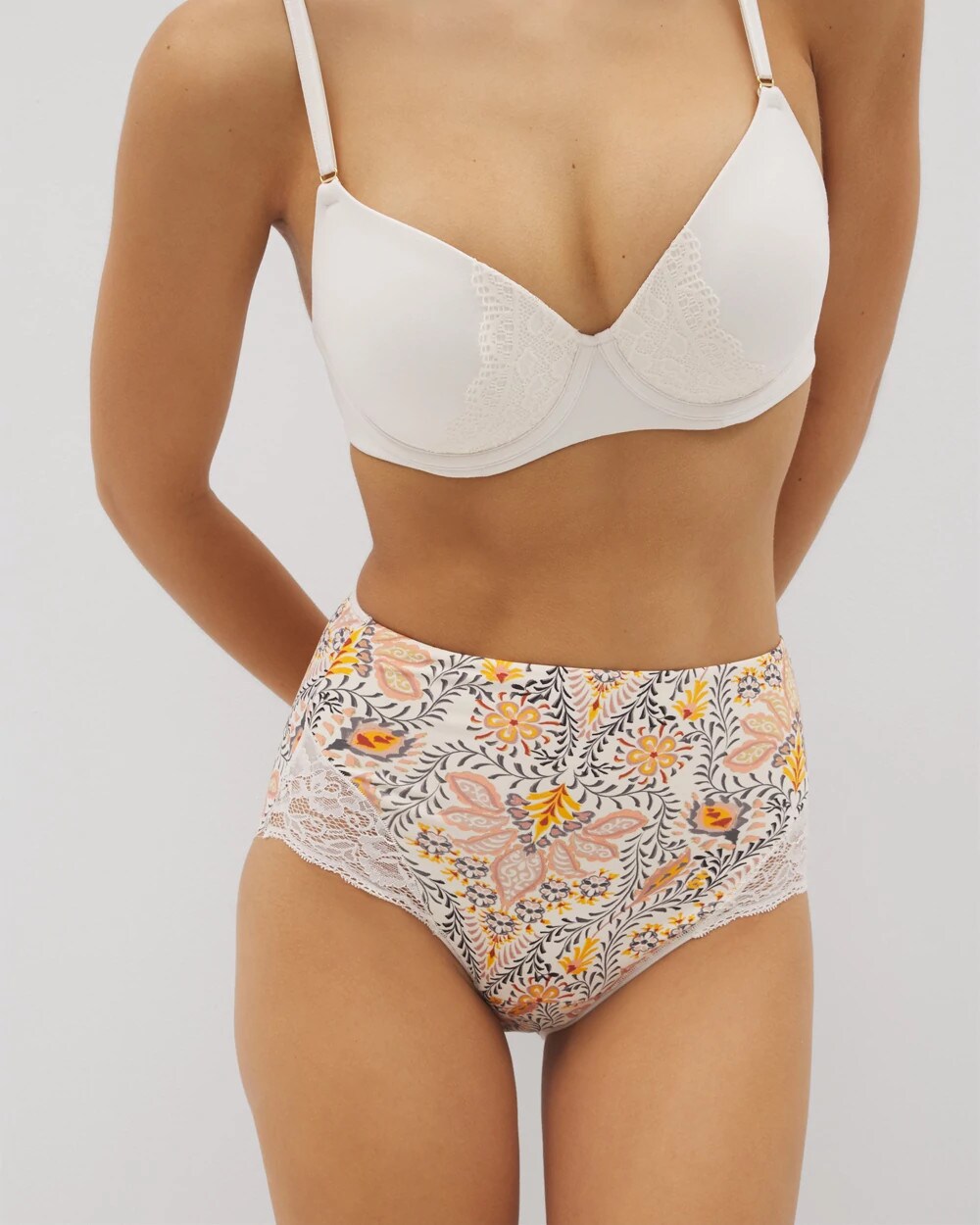 VINE PAISLEY CHAMPAGNE M - Tummy High-Waist Brief Panty with Lace