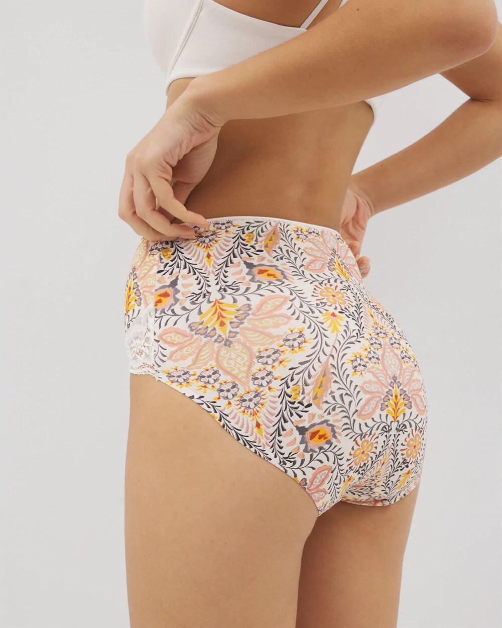 VINE PAISLEY CHAMPAGNE M - Tummy High-Waist Brief Panty with Lace