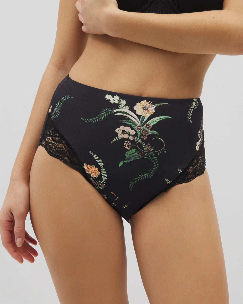 PARADISE PLUMES D M BLACK - Tummy High-Waist Brief Panty with Lace