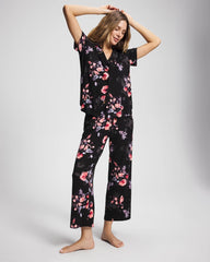 FLORAL DREAMS BLACK - Short Sleeve Notch Collar Pajama Top