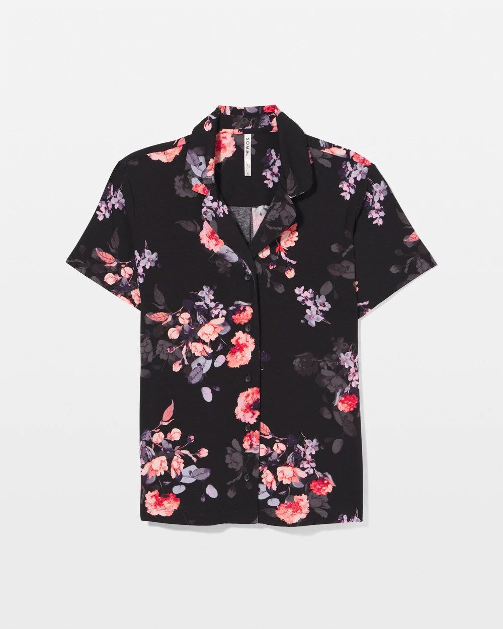 FLORAL DREAMS BLACK - Short Sleeve Notch Collar Pajama Top