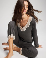 CHARCOAL HEATHER W/ SHINE - Lace Trim Long Sleeve Pajama Top