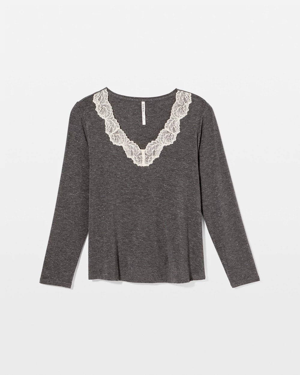 CHARCOAL HEATHER W/ SHINE - Lace Trim Long Sleeve Pajama Top