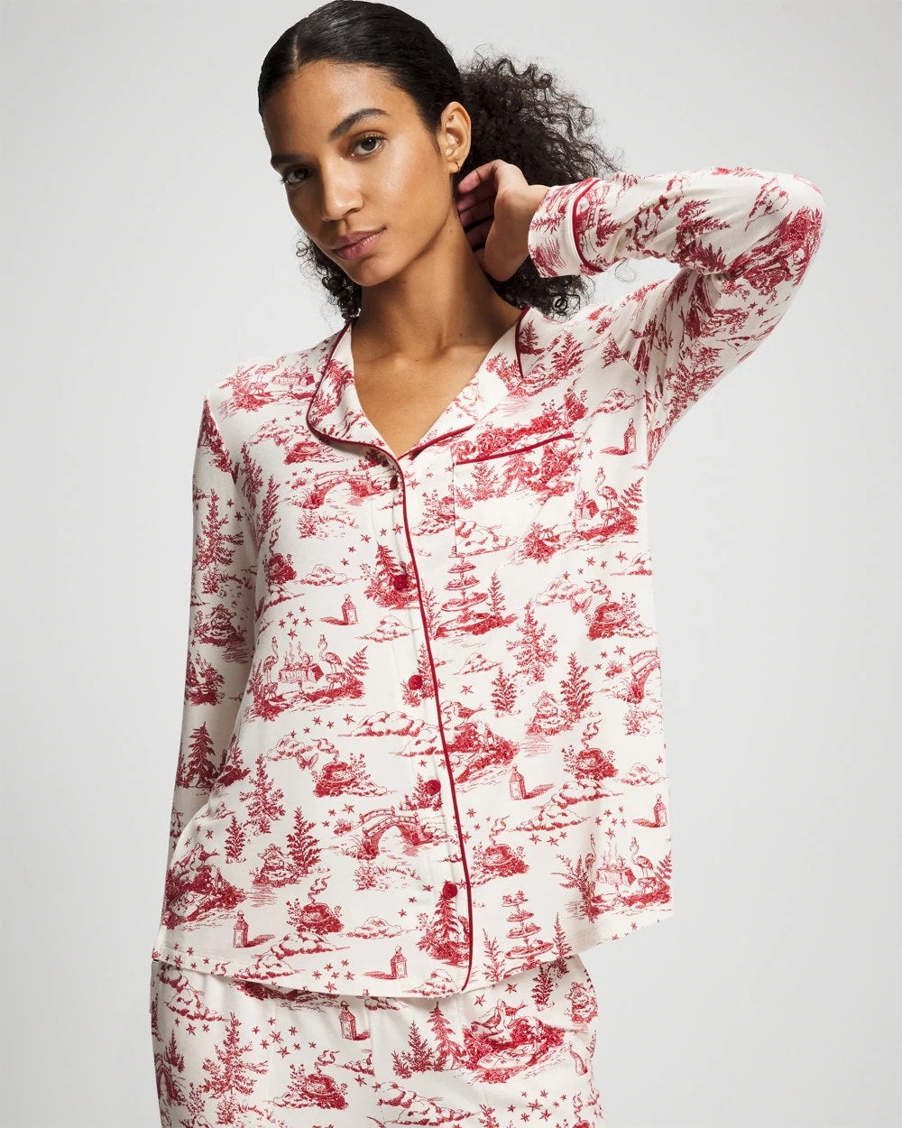 ENCHANTED TOILE CHAMPAGNE - Piped Long-Sleeve Notch Pajama Top