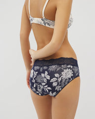 MEANDERING GARDEN M NAVY - Embraceable Hipster Panty with Crochet Lace Waist