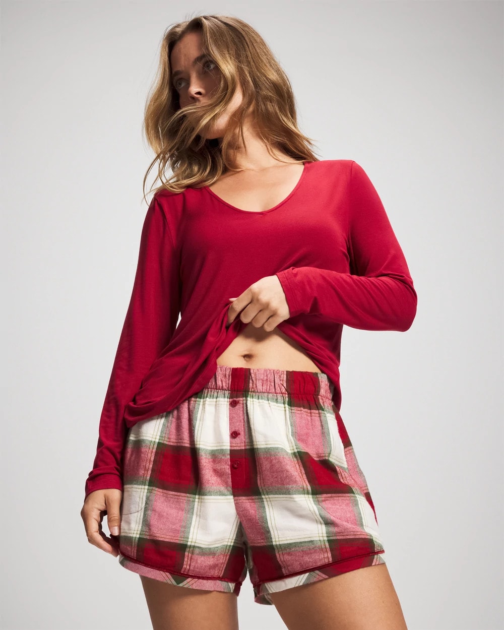 WINTER PLAID RED - Velvet Piped Boxer Pajama Short