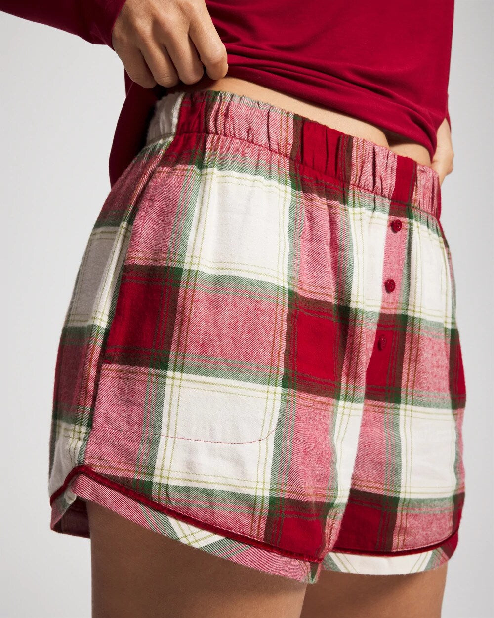 WINTER PLAID RED - Velvet Piped Boxer Pajama Short