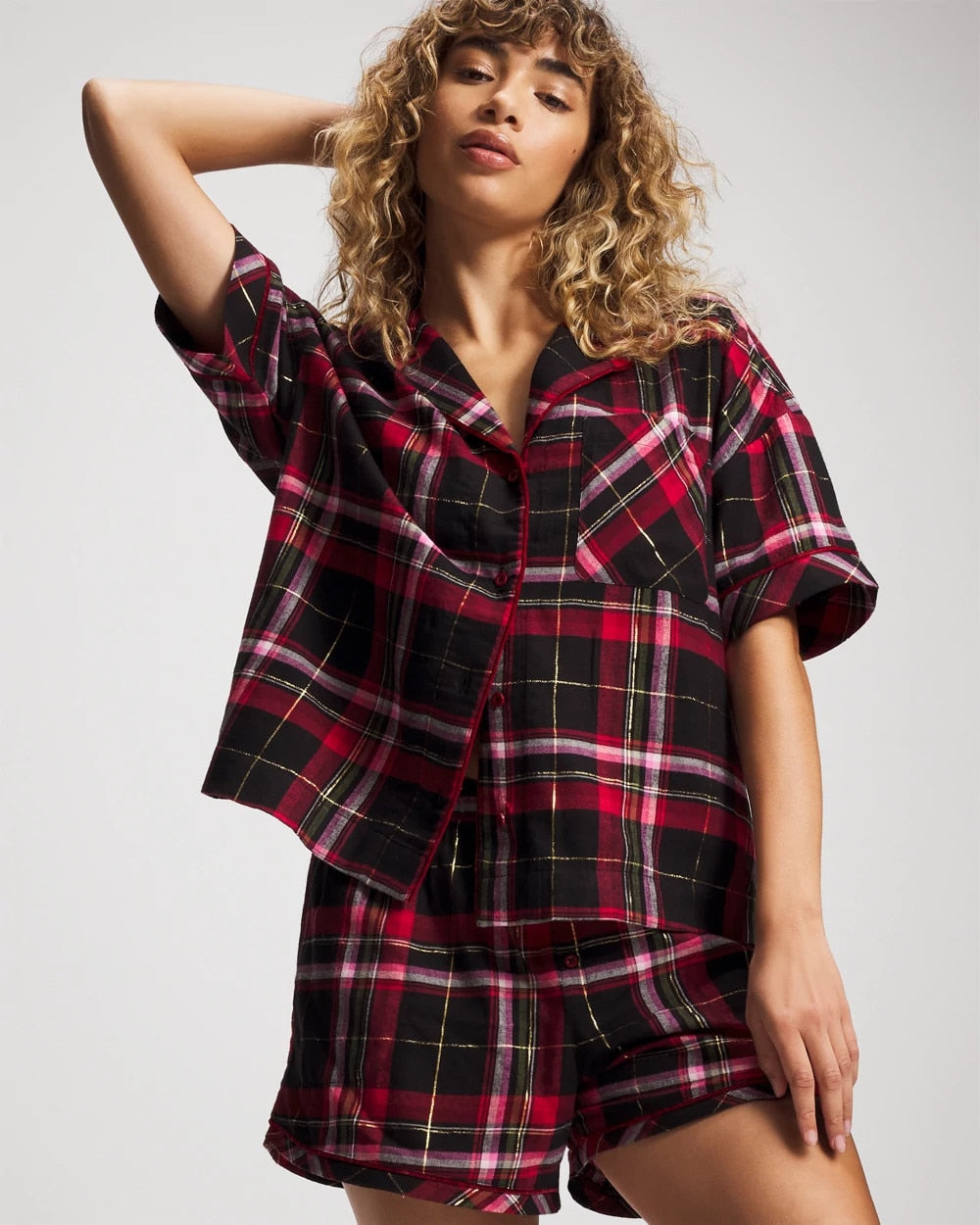 MAD FOR PLAID BLACK - Short Sleeve Notch Collar Pajama Top
