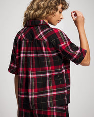 MAD FOR PLAID BLACK - Short Sleeve Notch Collar Pajama Top