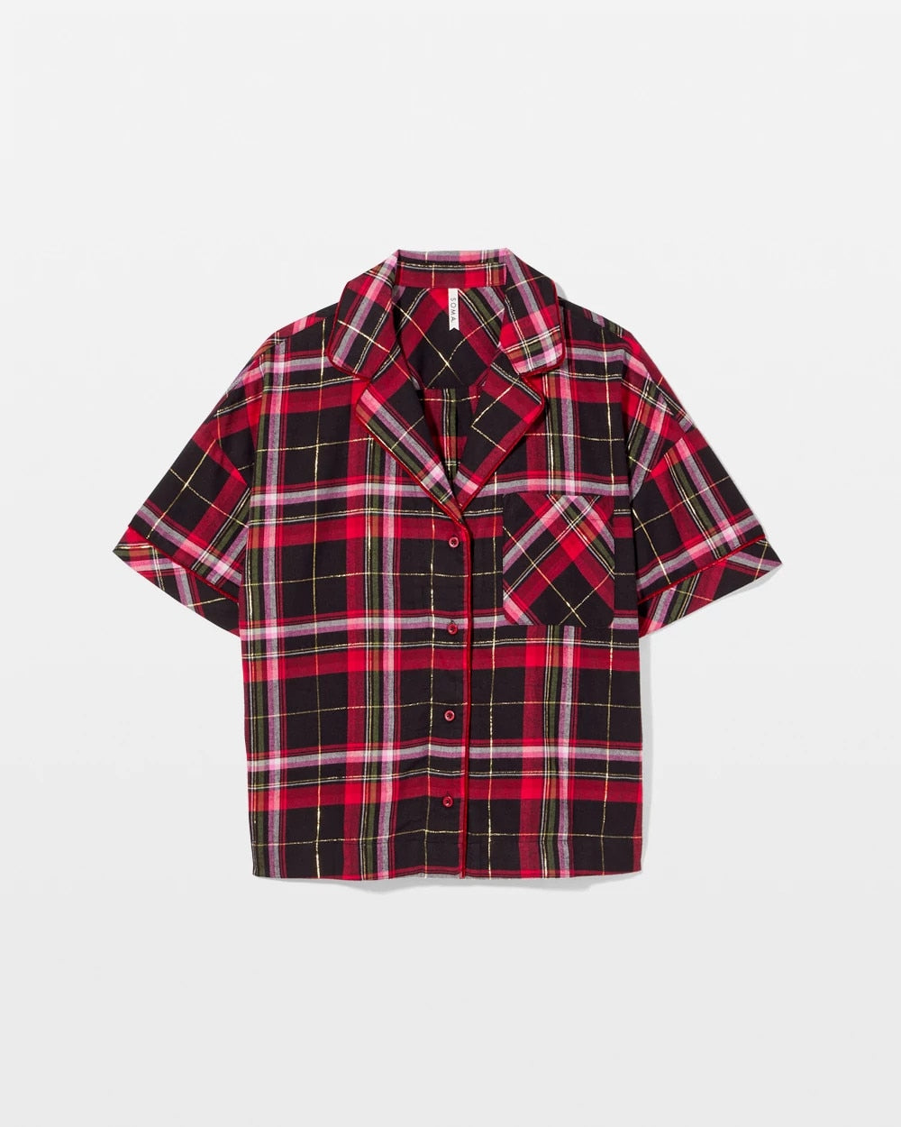 MAD FOR PLAID BLACK - Short Sleeve Notch Collar Pajama Top