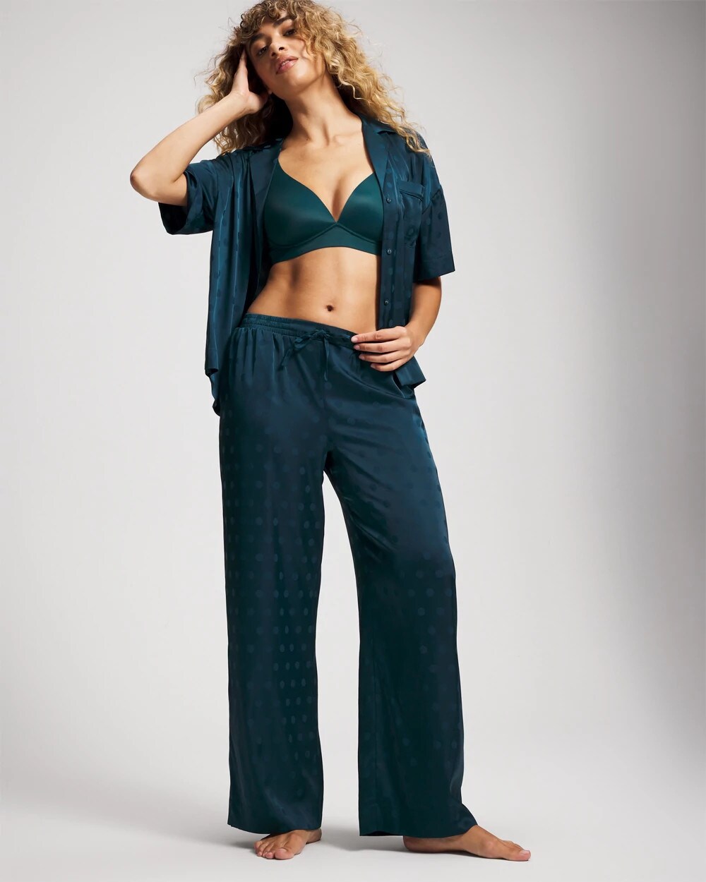 DRAMA DOTS DARK HARBOUR - Jacquard Dot Relaxed Notch Collar Pajama Top