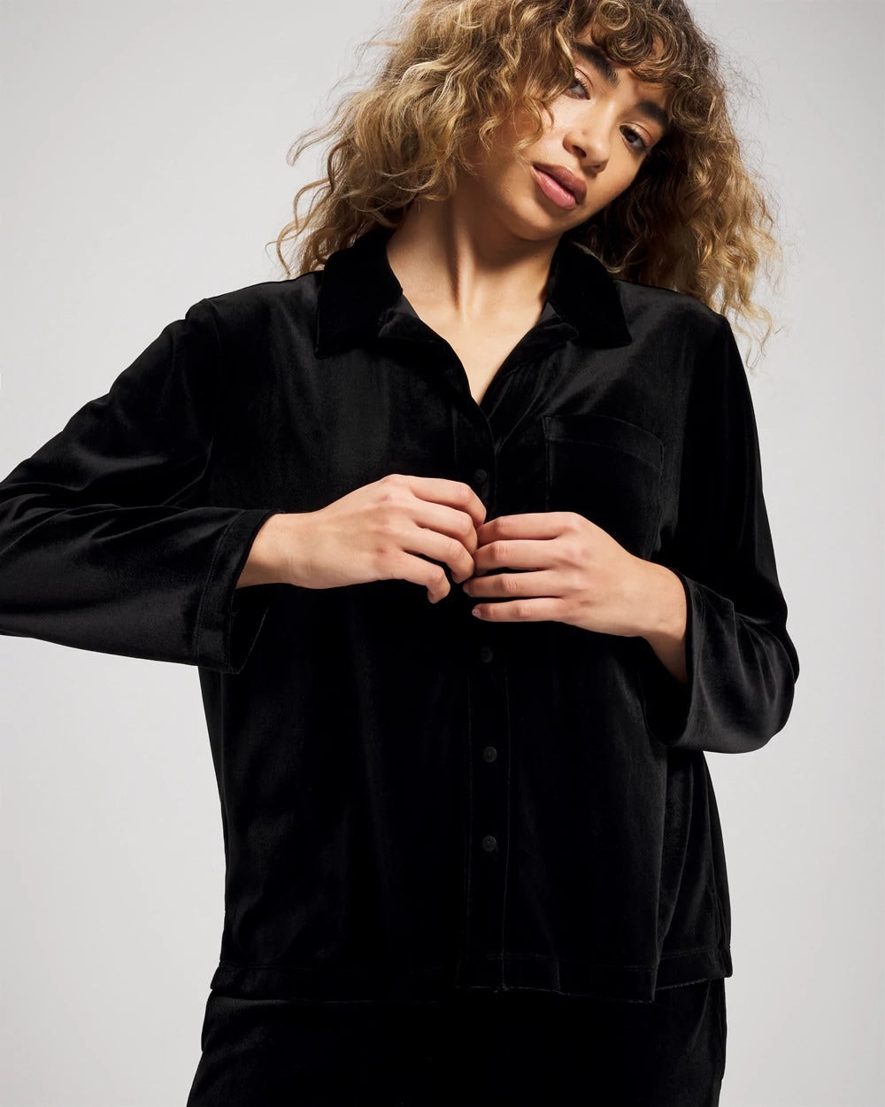 BLACK - Velvet Long Sleeve Notch Collar Pajama Top