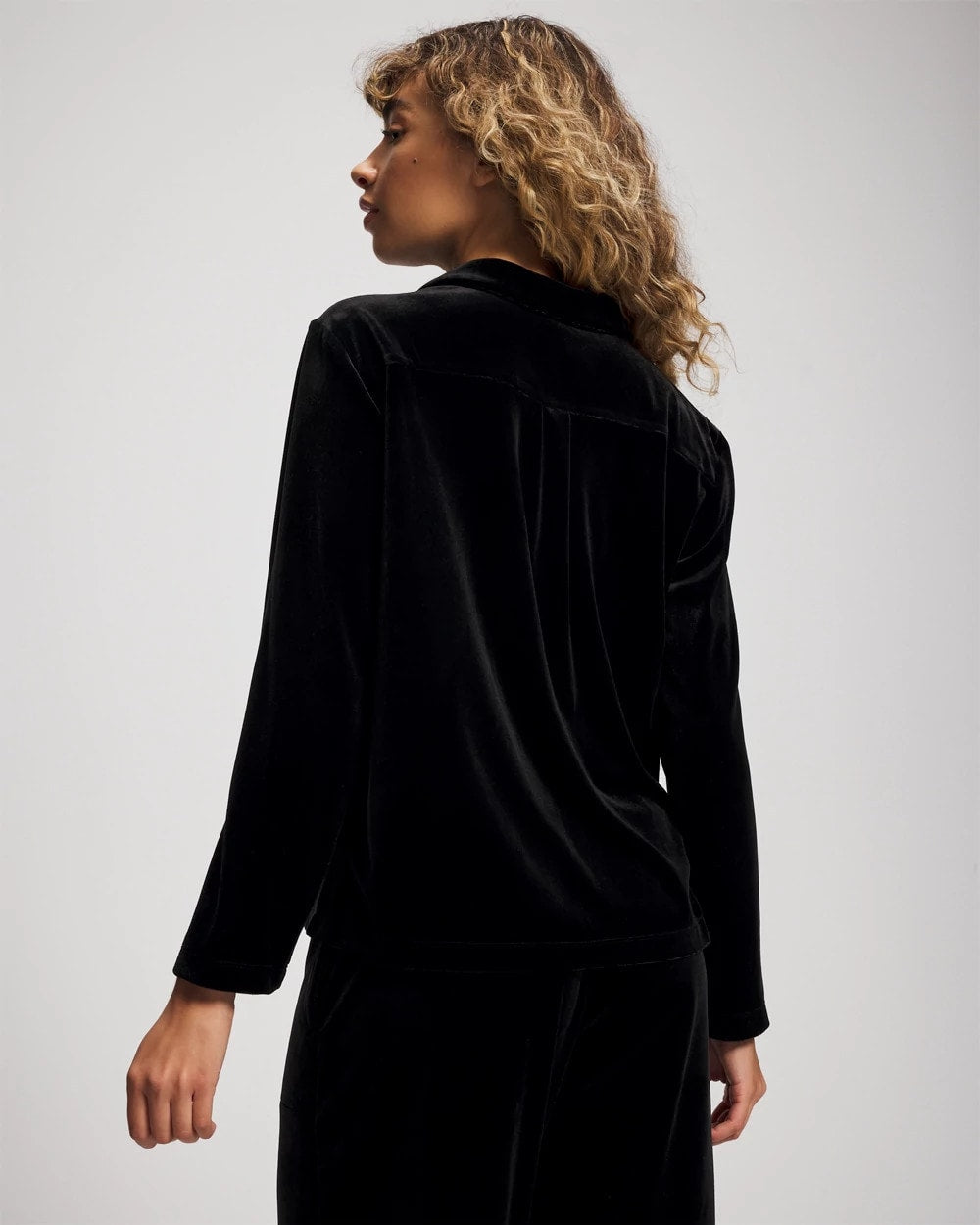 BLACK - Velvet Long Sleeve Notch Collar Pajama Top