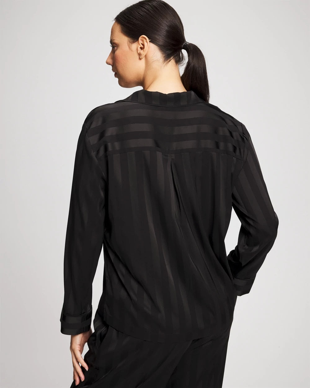 BLACK - Shadow Stripe Long Sleeve Pajama Notch Collar Top
