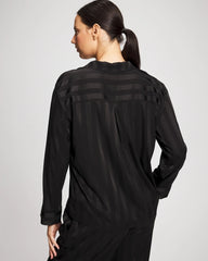 BLACK - Shadow Stripe Long Sleeve Pajama Notch Collar Top