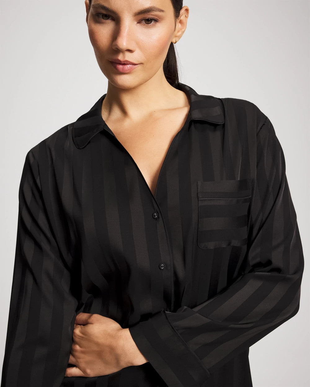 BLACK - Shadow Stripe Long Sleeve Pajama Notch Collar Top