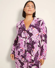 COURTING CRANES BLKBRY - Long-Sleeve Printed Notch Collar Pajama Top