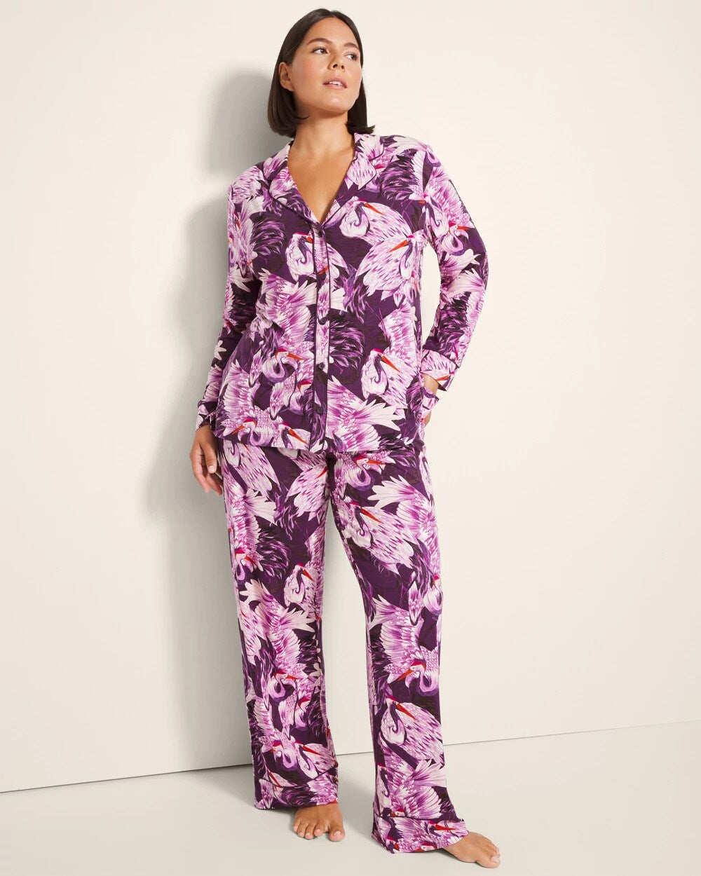 COURTING CRANES BLKBRY - Long-Sleeve Printed Notch Collar Pajama Top