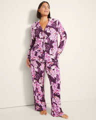 COURTING CRANES BLKBRY - Long-Sleeve Printed Notch Collar Pajama Top