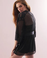 BLACK - Robe with Mesh and Lace