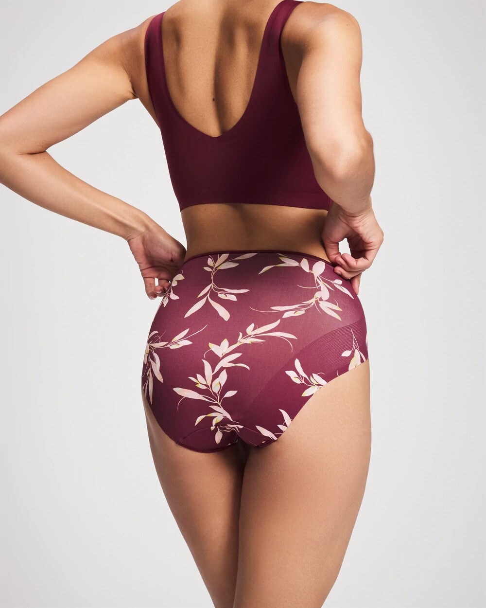 LUXURIOUS LEAVES M PLUM - Tummy High-Leg Brief Panty with Lace