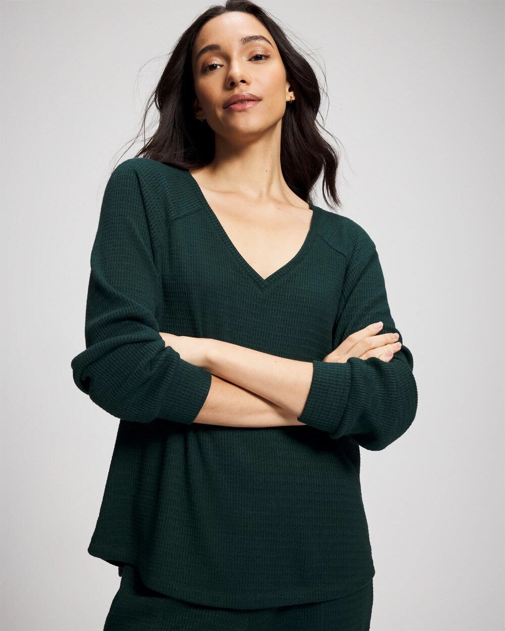 GREEN JOLIE - Cozy Waffle Long Sleeve V-Neck Pajama Top