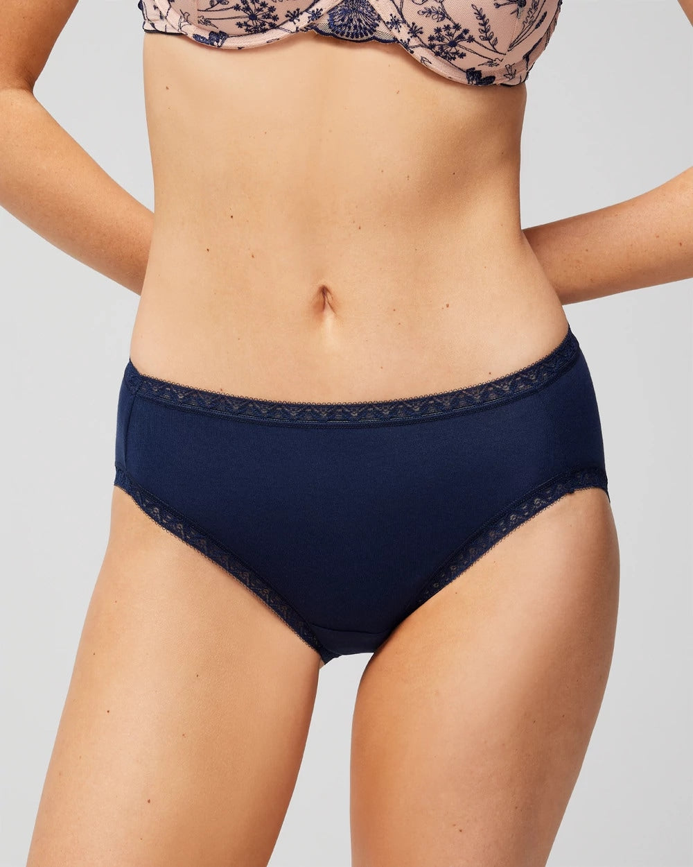 NIGHTFALL NAVY - Cotton High-Leg Brief Panty with Lace Trim