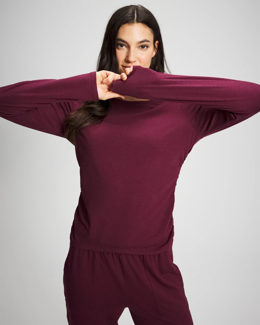 VELVET PLUM - Ruched Long Sleeve Pajama Tee
