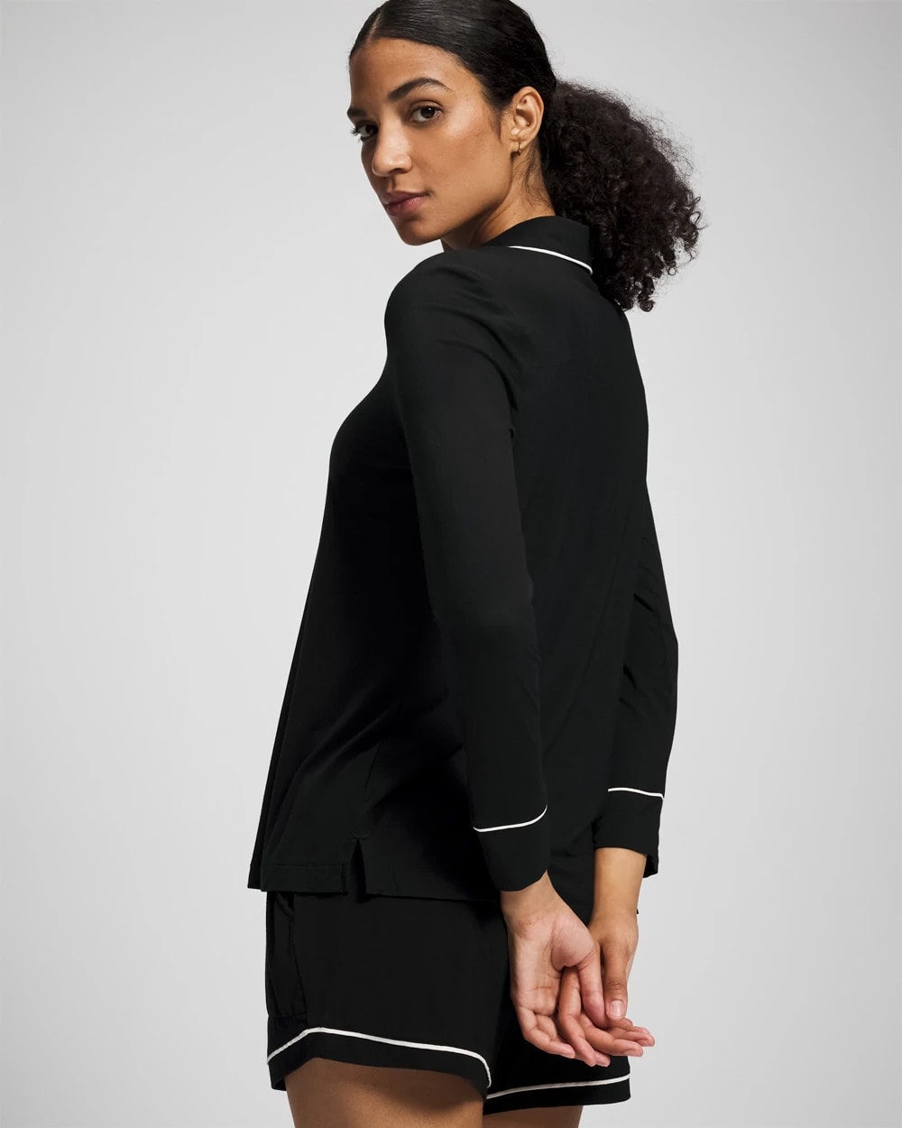 BLACK - Long-Sleeve Notch Collar Pajama Top