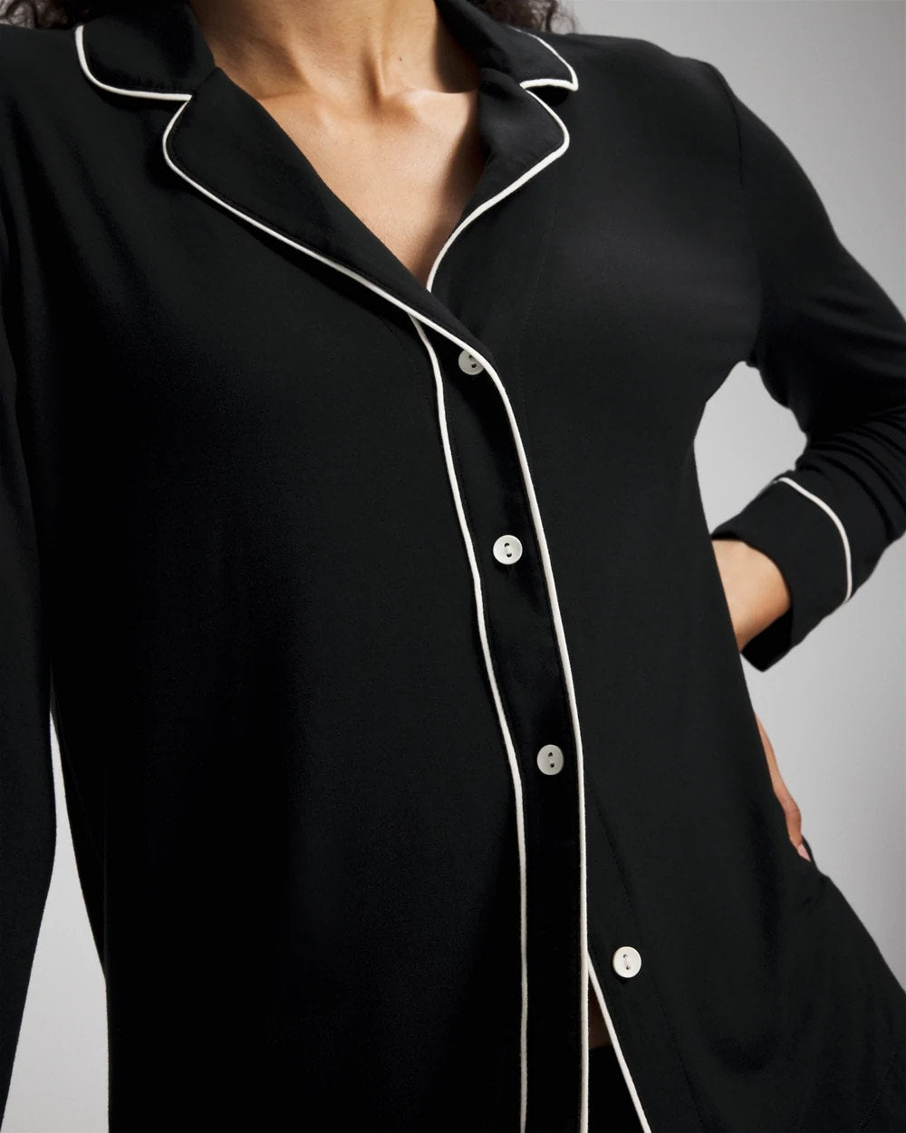 BLACK - Long-Sleeve Notch Collar Pajama Top