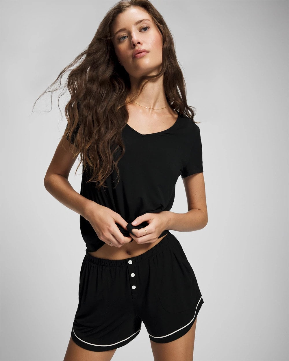 BLACK - Solid Piped Pajama Shorts