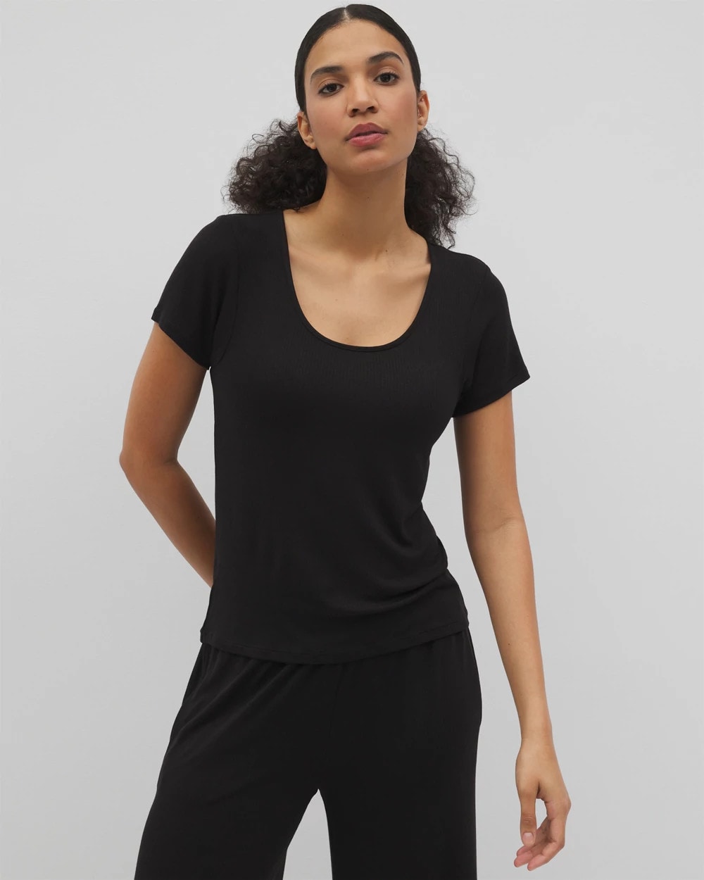 BLACK - Lightweight Rib Knit Short Sleeve Pajama Tee