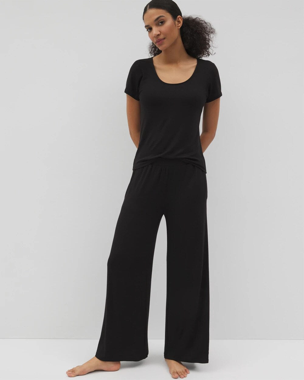 BLACK - Lightweight Rib Knit Wide Leg Pajama Pants