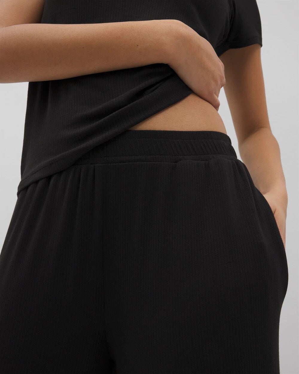 BLACK - Lightweight Rib Knit Wide Leg Pajama Pants