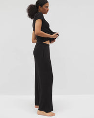 BLACK - Lightweight Rib Knit Wide Leg Pajama Pants