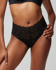 BLACK - High-Waist Thong Panty with Enchanting Lace
