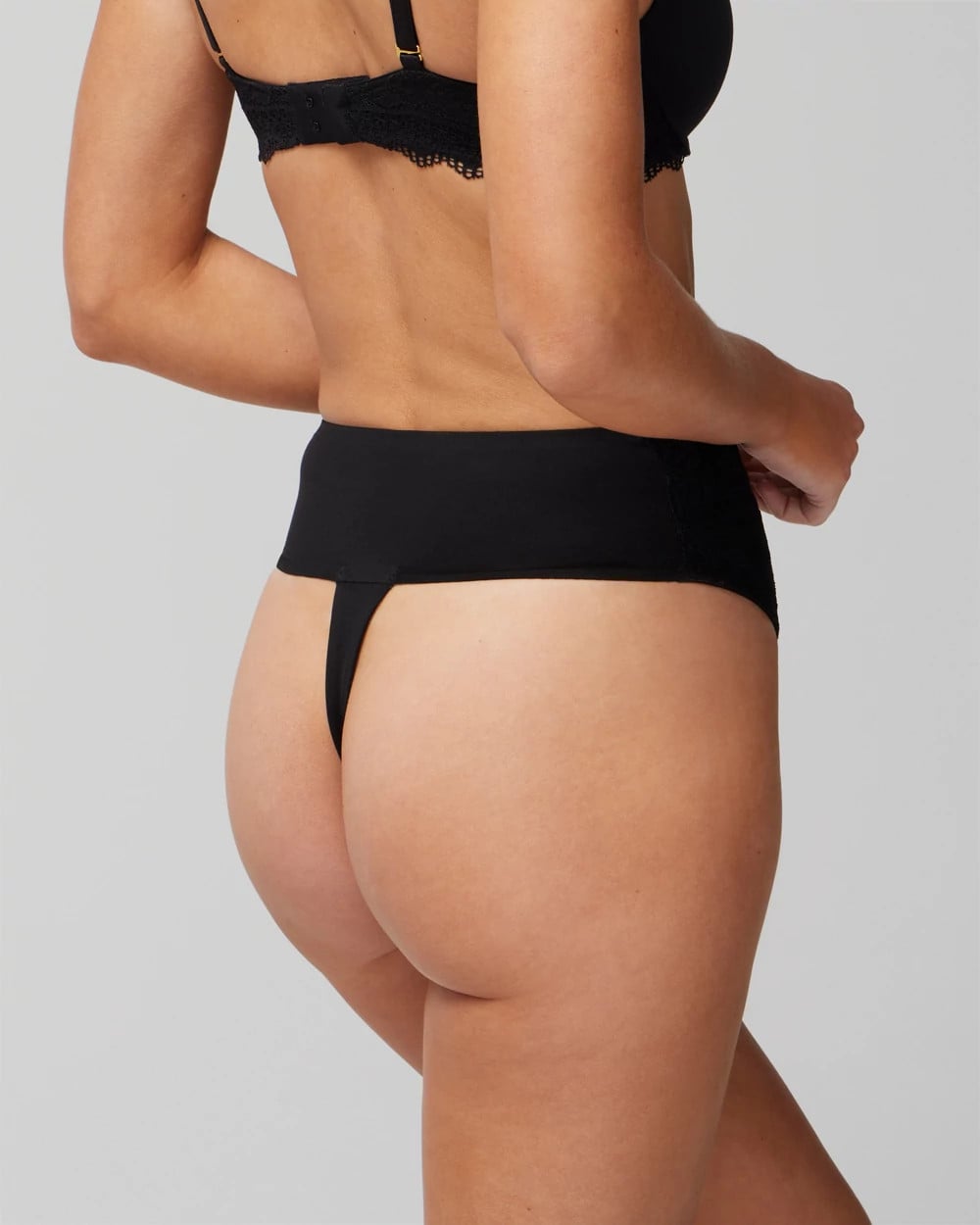 BLACK - High-Waist Thong Panty With Lace
