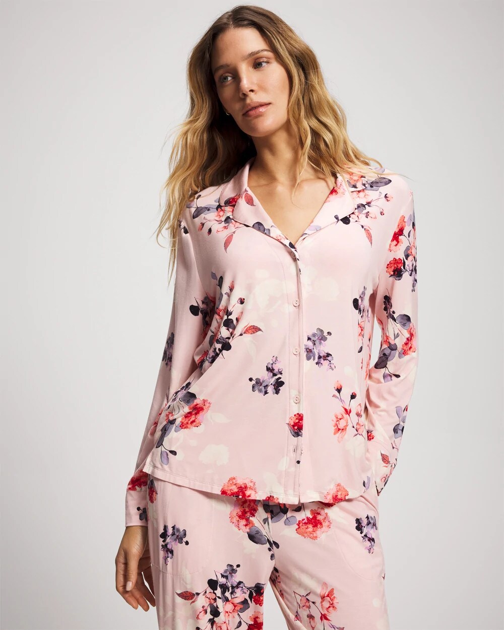 FLORAL DREAMS PINK BLUSH - Long Sleeve Notch Collar