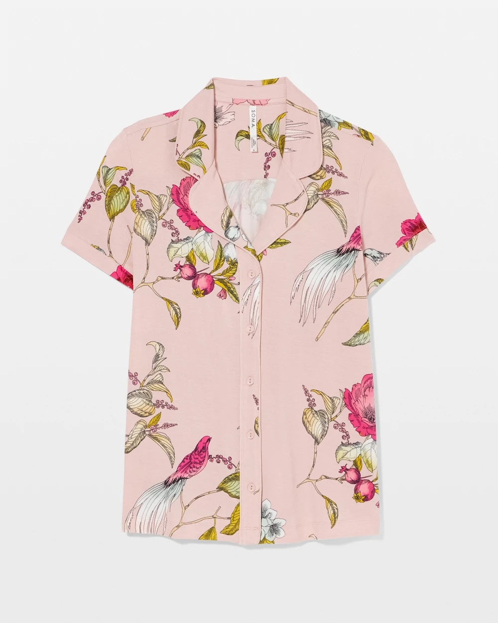 FEATHERED FANCY PINK - Printed Short Sleeve Notch Collar